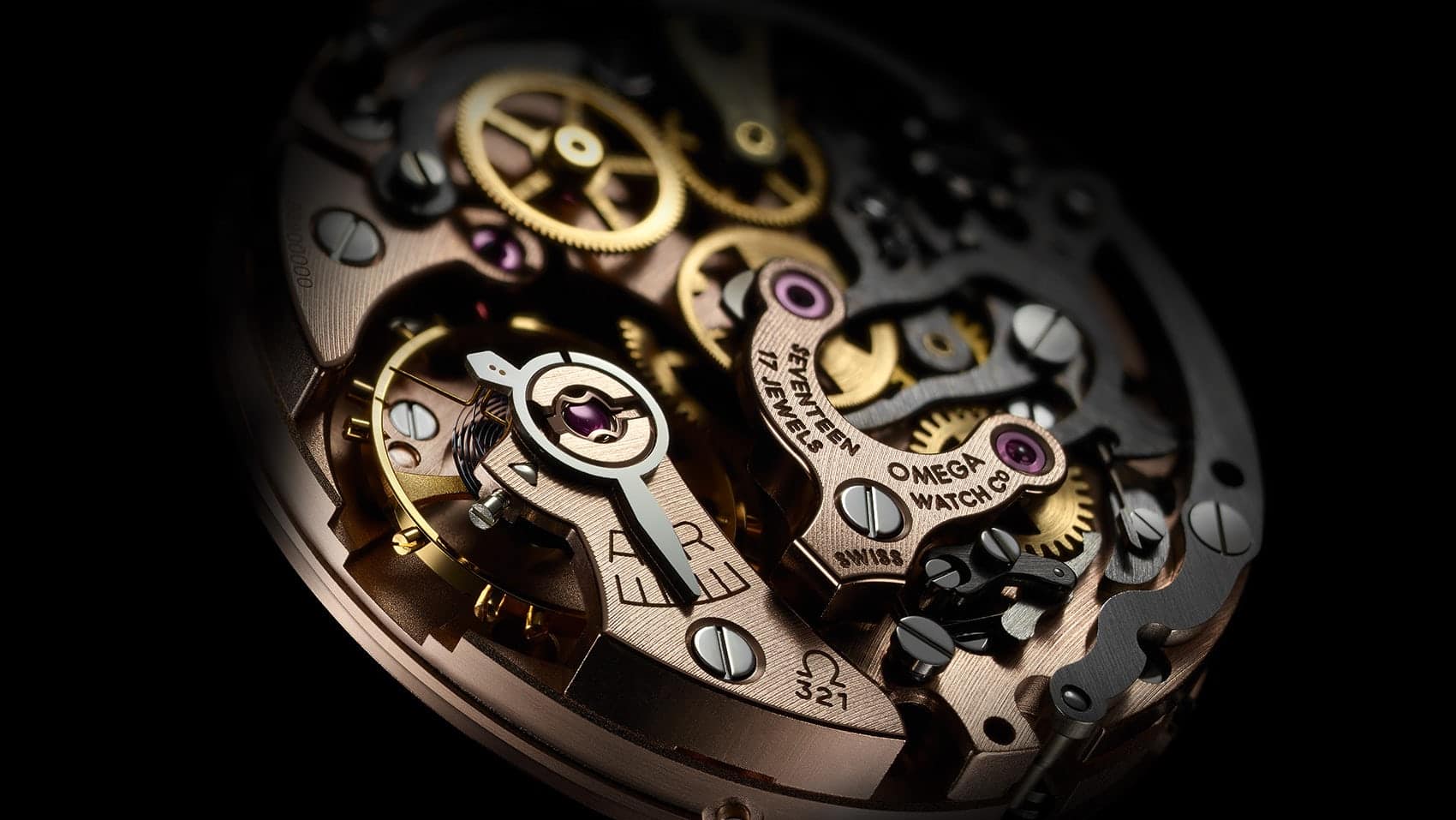Close-up of an Omega Caliber 321 chronograph movement