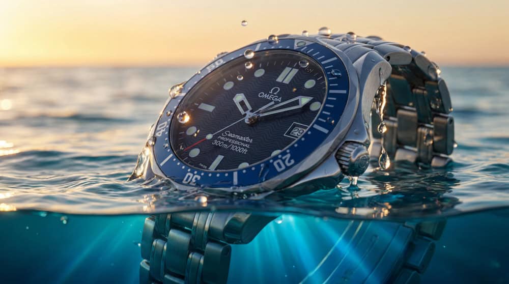 Blue-dial Omega Seamaster 2531.80 half submerged in water at sunset