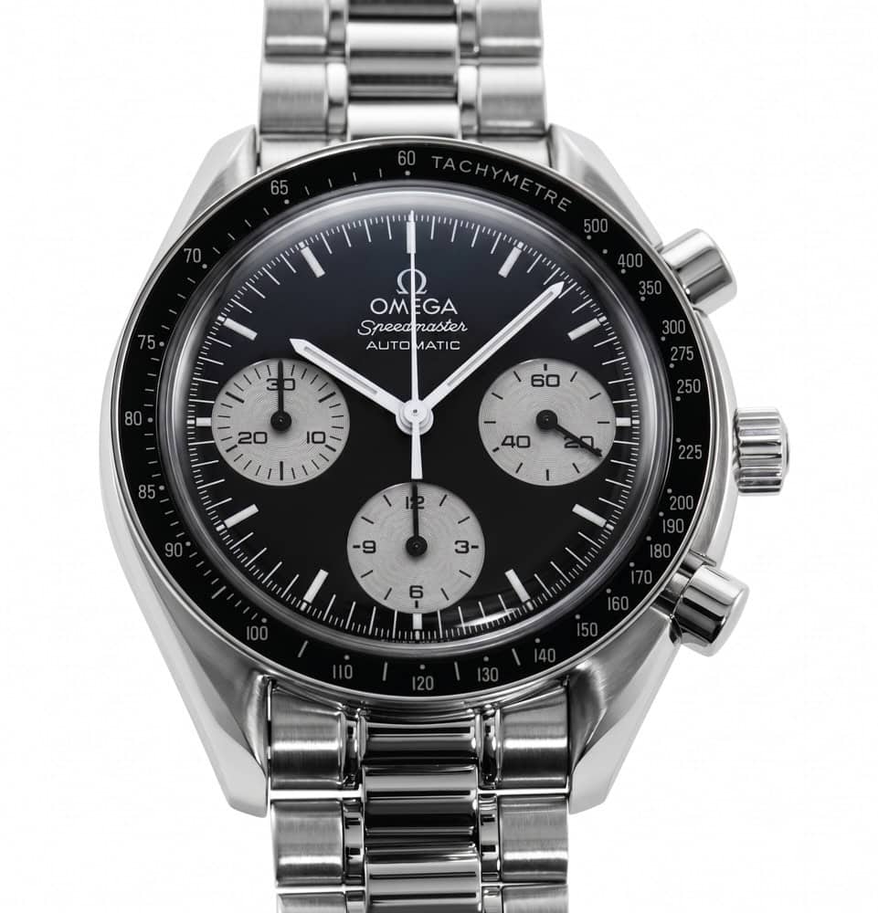 Black-dial Omega Speedmaster Automatic watch with white subdials and stainless steel bracelet.