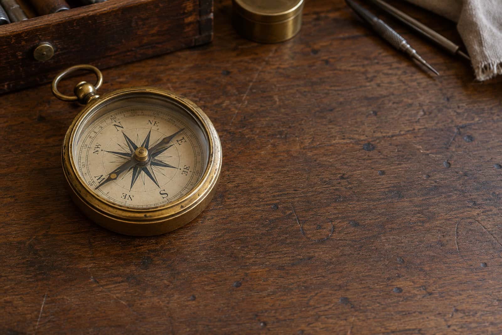Antique brass compass resting on a dark wooden desk.